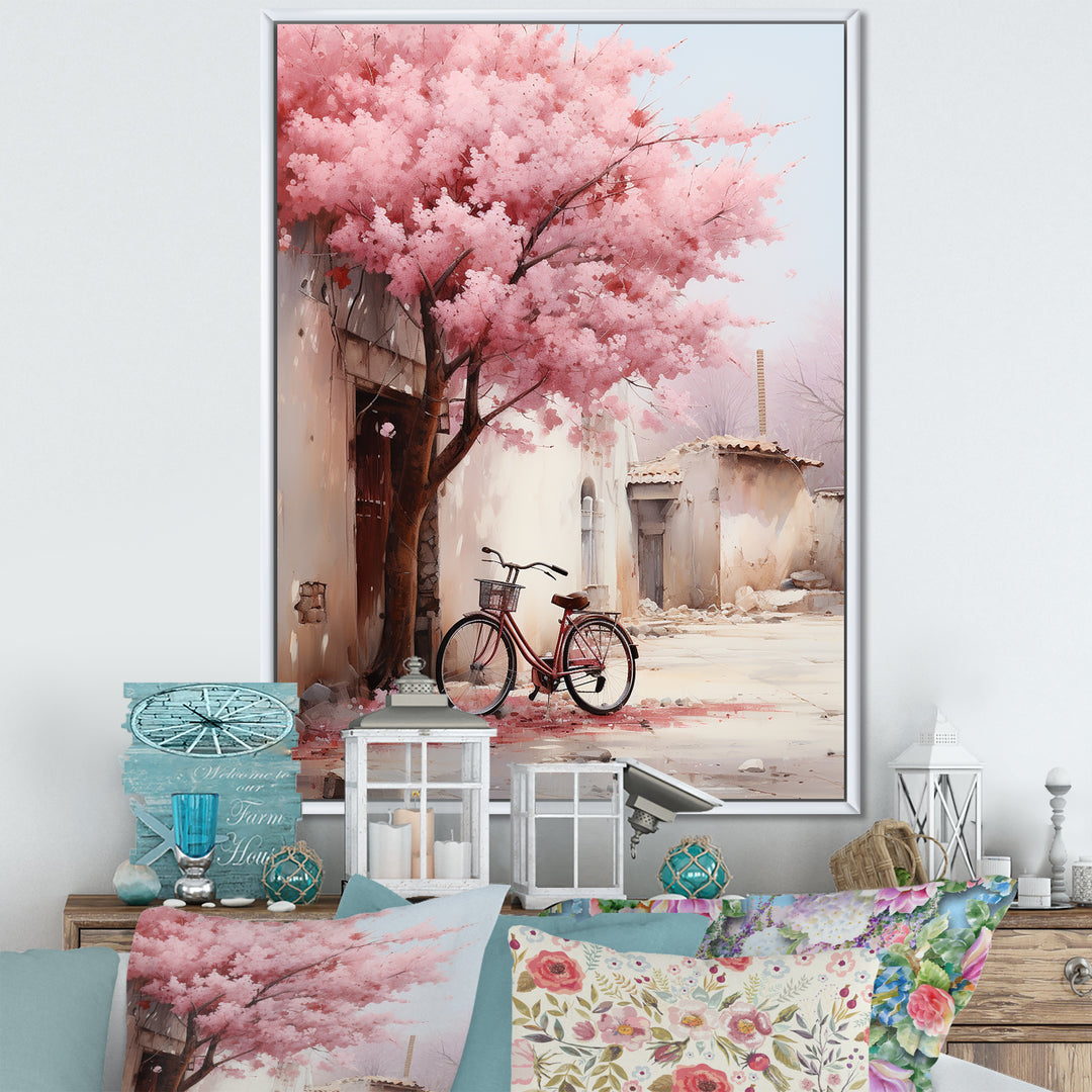 Pink and white springtime florals bicycle I - Bicycle Canvas Wall Art