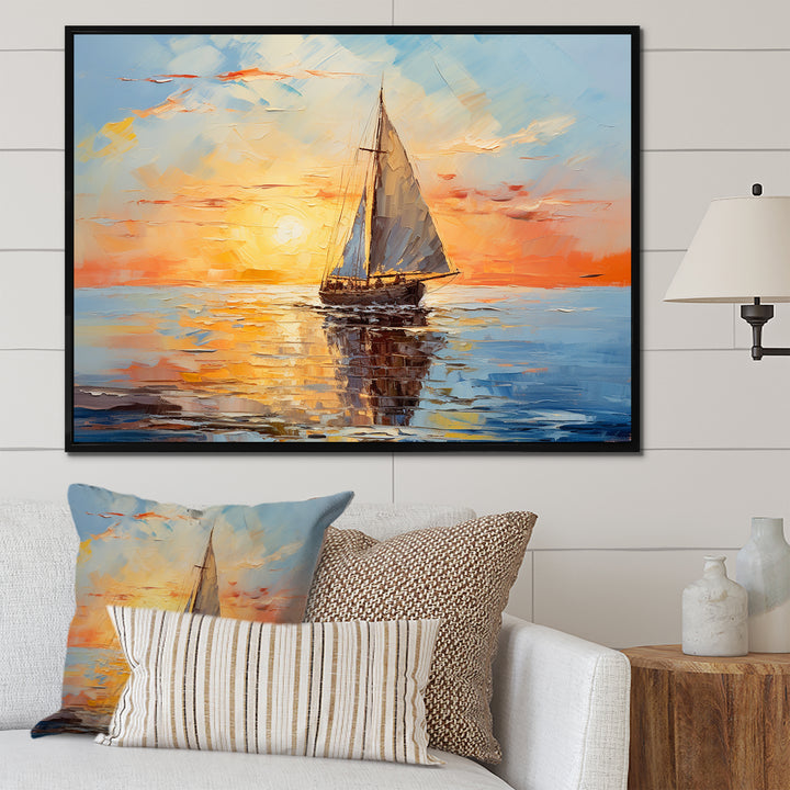 Orange sunset sailing boat I - Boat Sailing Canvas Wall Art