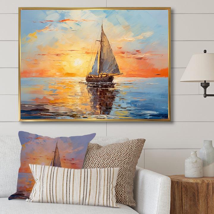 Orange sunset sailing boat I - Boat Sailing Canvas Wall Art