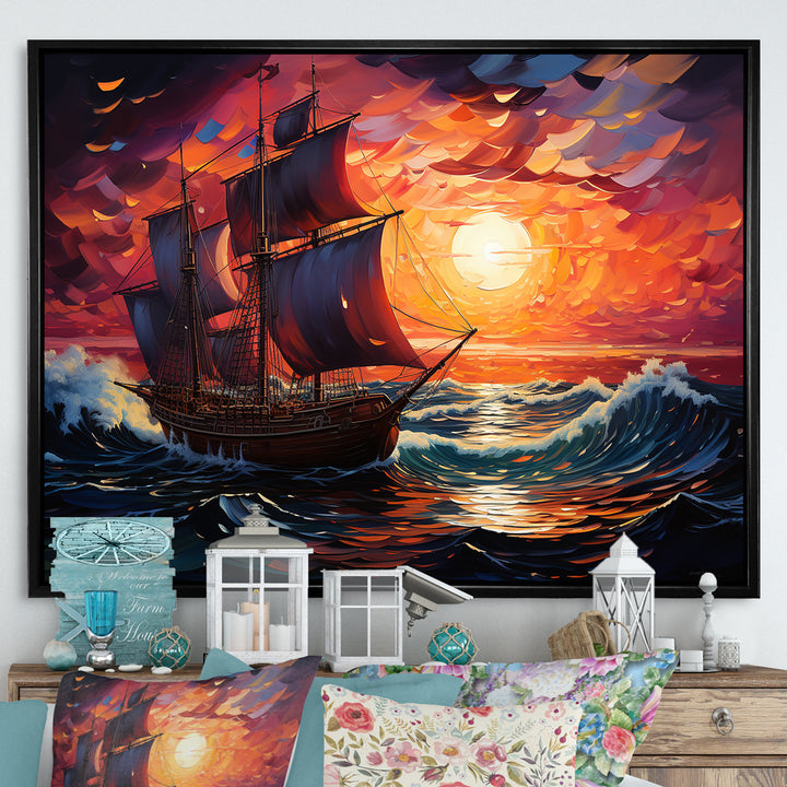 Pirate boat amidst Legacy I - Boat Sailing Canvas Wall Art