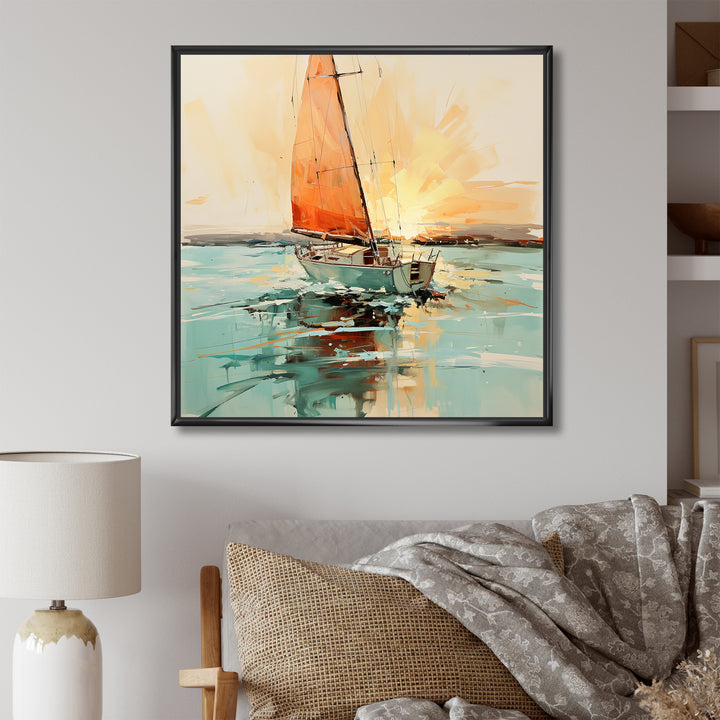 Orange sunset sailing paint I - Boat Canvas Wall Art