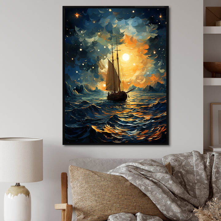 Moonlight sailing boat horizon I - Boat Sailing Canvas Wall Art