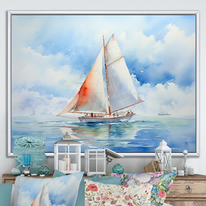 Coastal Serenity Watercolor Sailboat on the Horizon I - Boat Sailing Canvas Wall Art