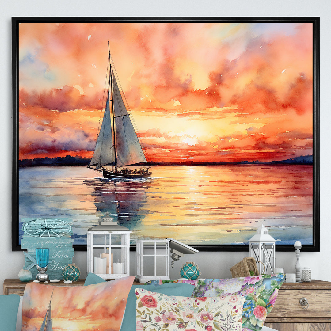 Pastel colors sailboat sunset V - Boat Sailing Canvas Wall Art