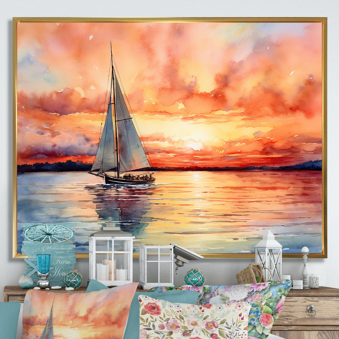 Pastel colors sailboat sunset V - Boat Sailing Canvas Wall Art