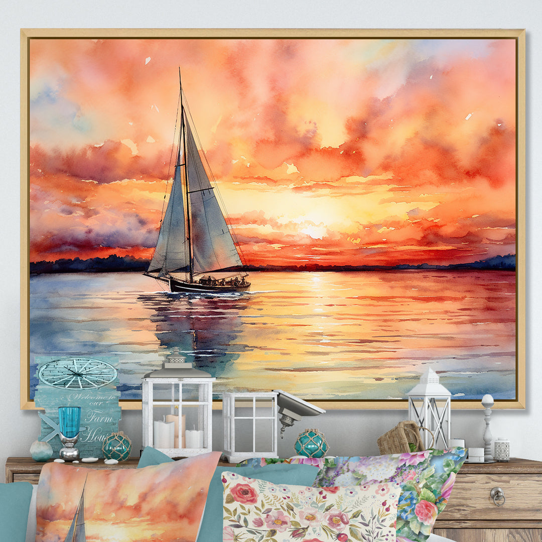 Pastel colors sailboat sunset V - Boat Sailing Canvas Wall Art