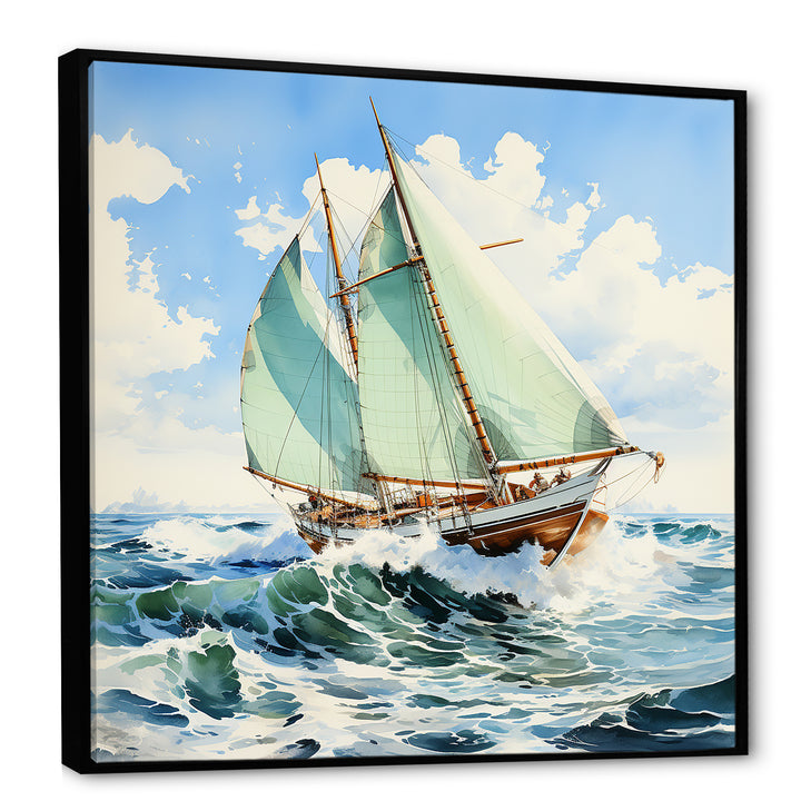 Sailboat watercolor green horizon I - Boat Sailing Canvas Wall Art