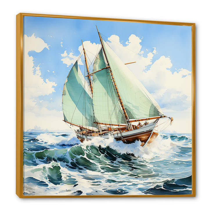 Sailboat watercolor green horizon I - Boat Sailing Canvas Wall Art