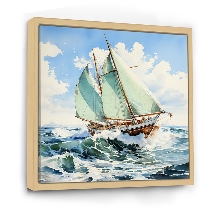 Sailboat watercolor green horizon I - Boat Sailing Canvas Wall Art
