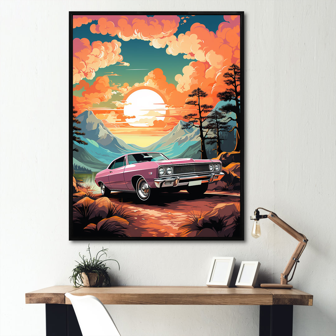 Pink classic muscle car at sunset - Car Muscle Car Canvas Wall Art