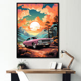 Pink classic muscle car at sunset - Car Muscle Car Canvas Wall Art