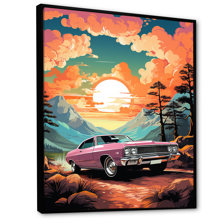 Pink classic muscle car at sunset - Car Muscle Car Canvas Wall Art