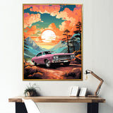 Pink classic muscle car at sunset - Car Muscle Car Canvas Wall Art