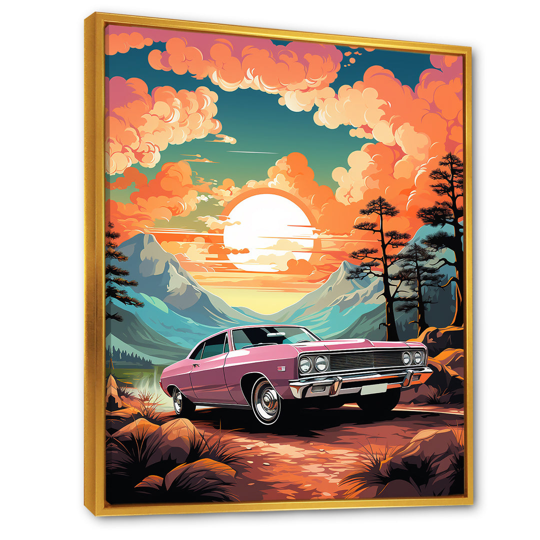 Pink classic muscle car at sunset - Car Muscle Car Canvas Wall Art