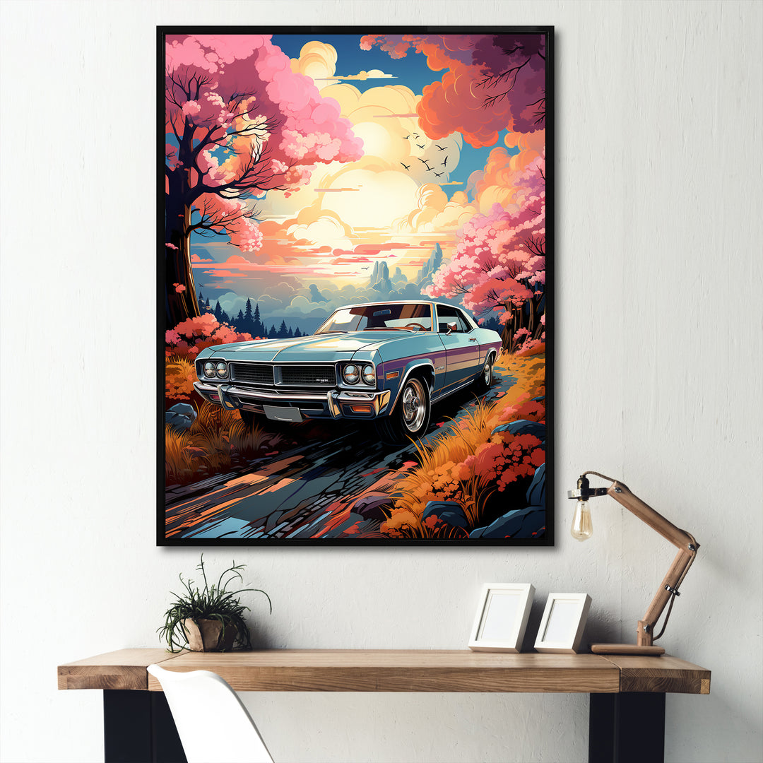 Pink Cadillac car at sunset I - Car Muscle Car Canvas Wall Art