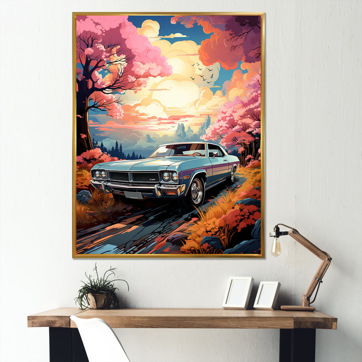 Pink Cadillac car at sunset I - Car Muscle Car Canvas Wall Art