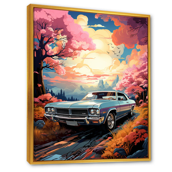 Pink Cadillac car at sunset I - Car Muscle Car Canvas Wall Art