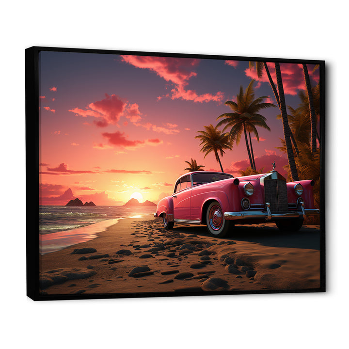 Pink Cadillac on the beach at sunset I - Car Old American Canvas Wall Art