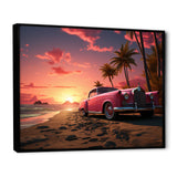 Pink Cadillac on the beach at sunset I - Car Old American Canvas Wall Art
