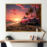 Pink Cadillac on the beach at sunset I - Car Old American Canvas Wall Art