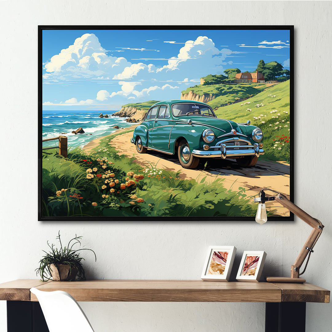 Green Classic American Car on a beach I - Car Old American Canvas Wall Art