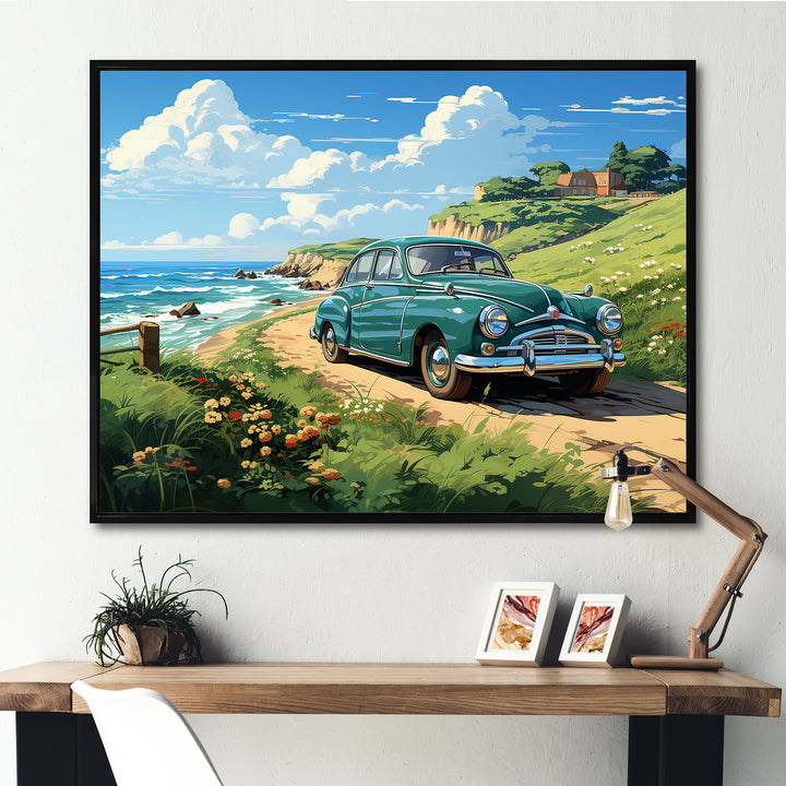 Green Classic American Car on a beach I - Car Old American Canvas Wall Art