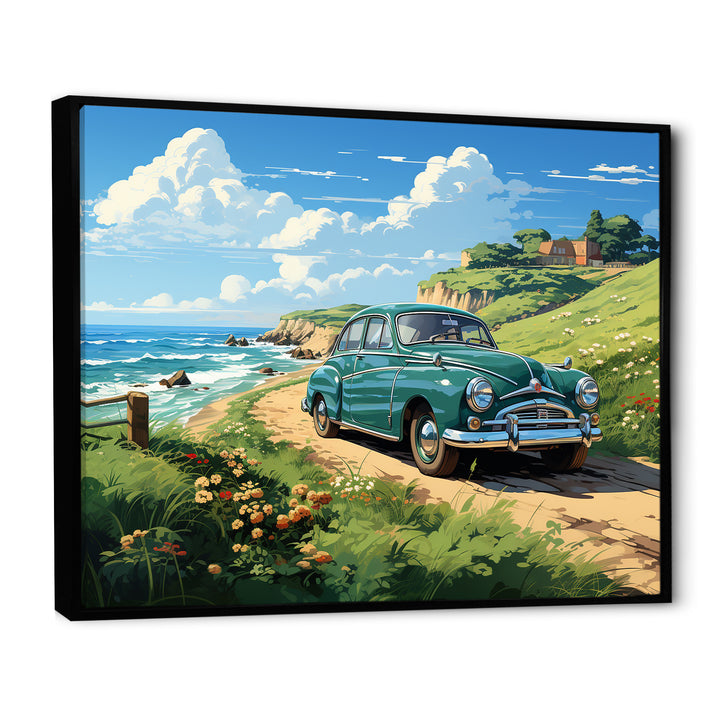 Green Classic American Car on a beach I - Car Old American Canvas Wall Art