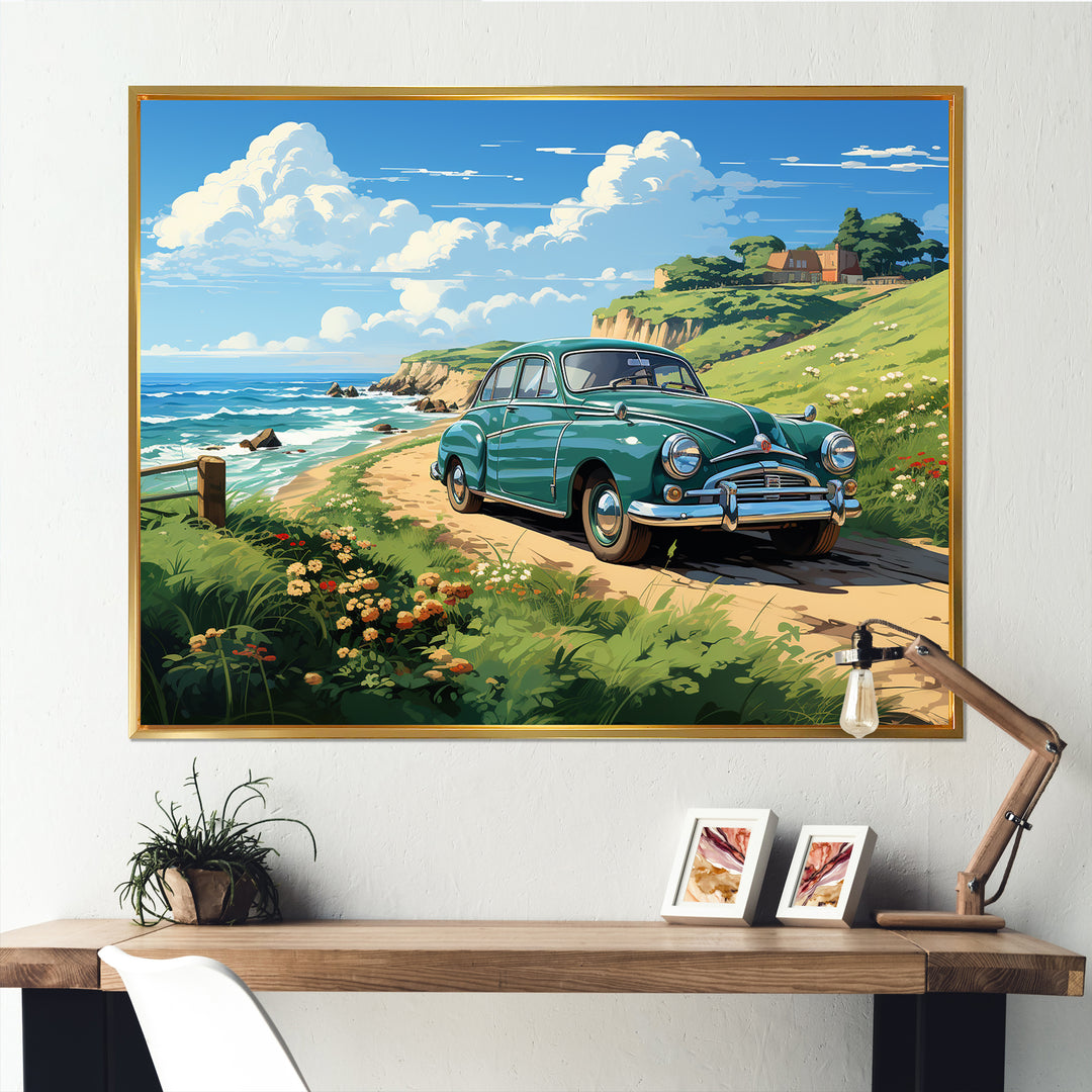 Green Classic American Car on a beach I - Car Old American Canvas Wall Art