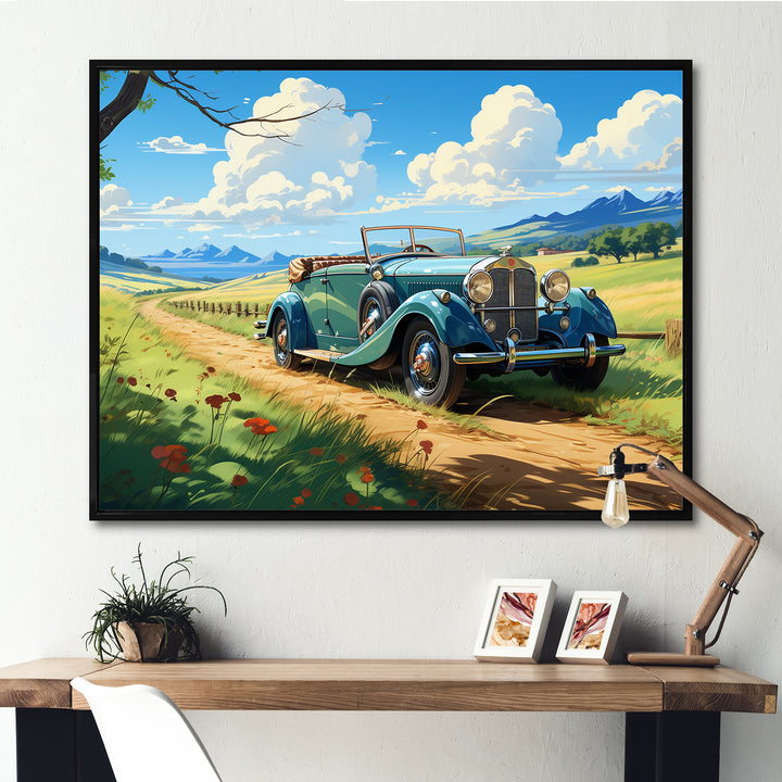 Green Classic American Car on a Lush Green Meadow - Car Old American Canvas Wall Art