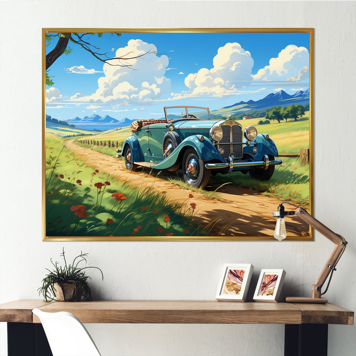 Green Classic American Car on a Lush Green Meadow - Car Old American Canvas Wall Art