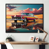 Orange and pink classic American car on the beach - Car Old American Canvas Wall Art