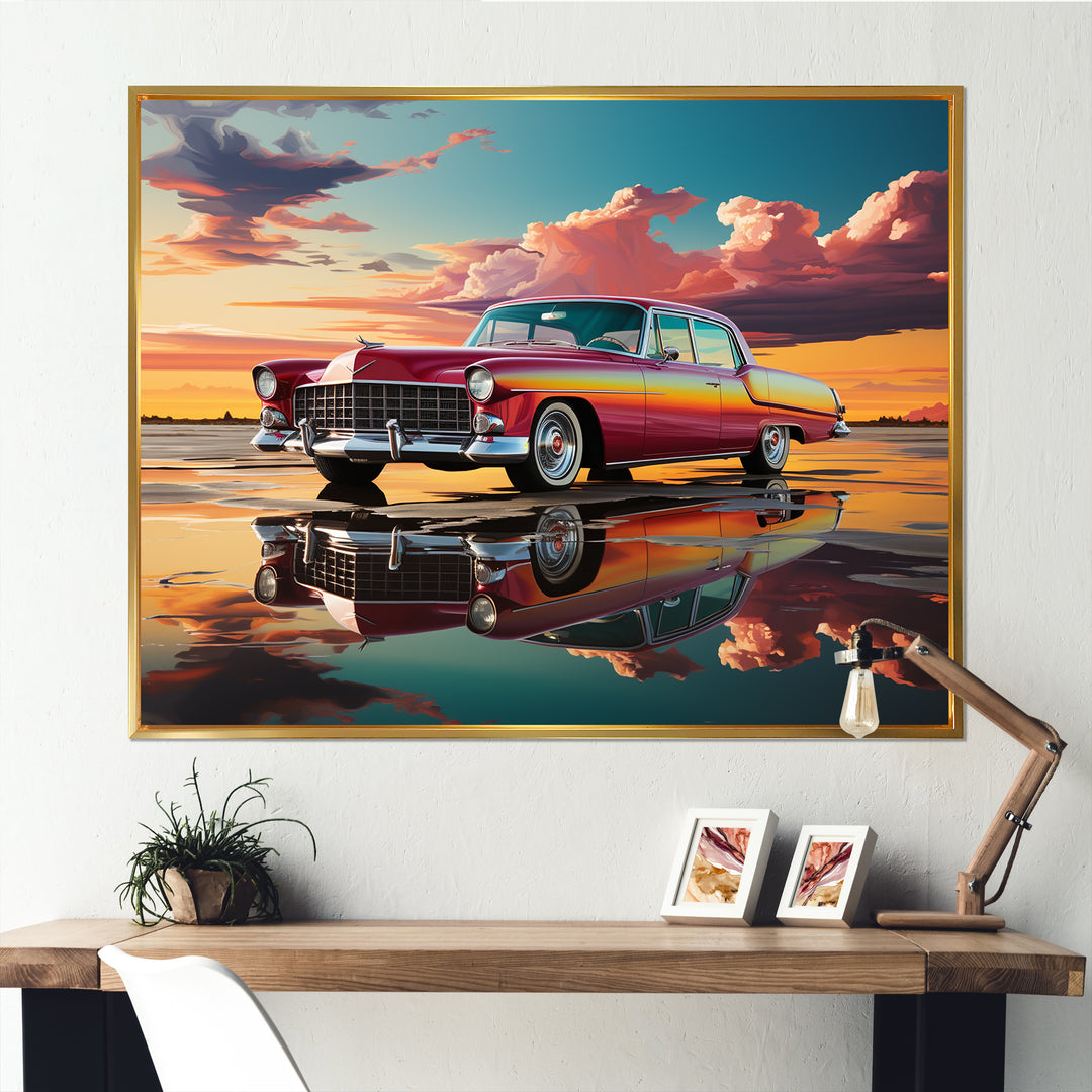 Orange and pink classic American car on the beach - Car Old American Canvas Wall Art