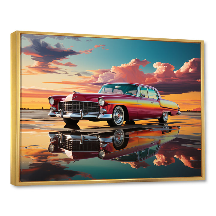 Orange and pink classic American car on the beach - Car Old American Canvas Wall Art