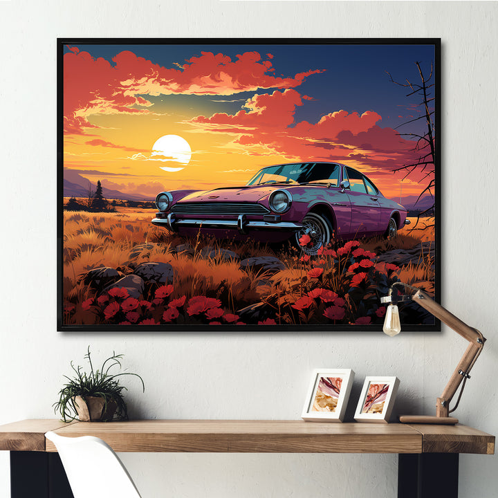 Pink and yellow Classic American Car sunset meadows - Car Old American Canvas Wall Art