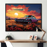 Pink and yellow Classic American Car sunset meadows - Car Old American Canvas Wall Art