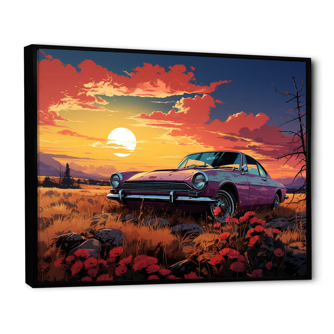 Pink and yellow Classic American Car sunset meadows - Car Old American Canvas Wall Art