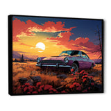Pink and yellow Classic American Car sunset meadows - Car Old American Canvas Wall Art