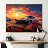 Pink and yellow Classic American Car sunset meadows - Car Old American Canvas Wall Art