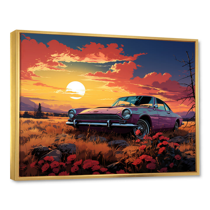 Pink and yellow Classic American Car sunset meadows - Car Old American Canvas Wall Art
