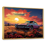 Pink and yellow Classic American Car sunset meadows - Car Old American Canvas Wall Art