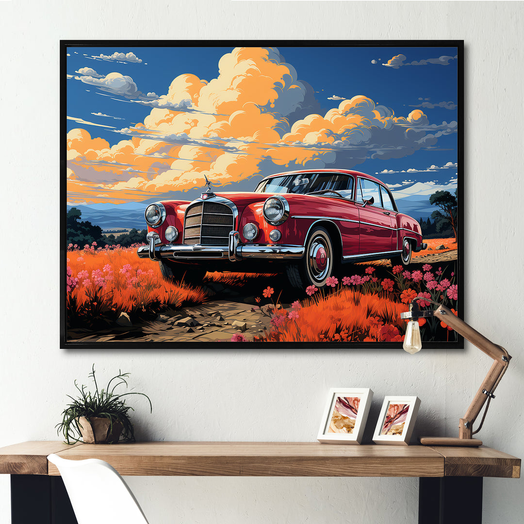 Vintage Escape Classic Car Among orange Blooms - Car Old American Canvas Wall Art