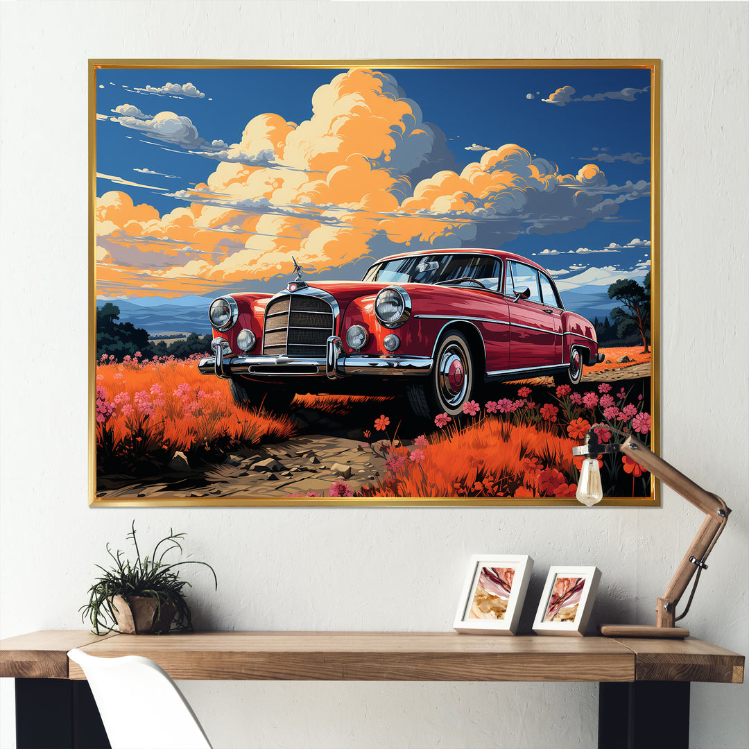 Vintage Escape Classic Car Among orange Blooms - Car Old American Canvas Wall Art