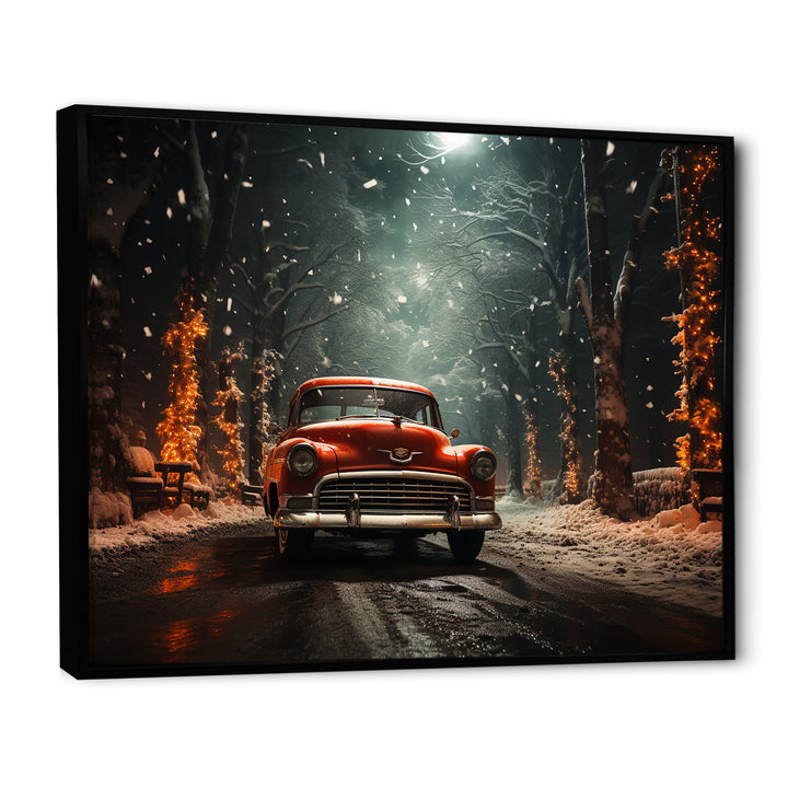 Red Classic American Car winter snow - Car Old American Canvas Wall Art