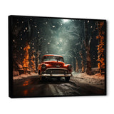 Red Classic American Car winter snow - Car Old American Canvas Wall Art