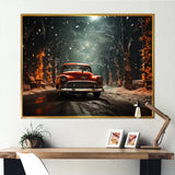 Red Classic American Car winter snow - Car Old American Canvas Wall Art