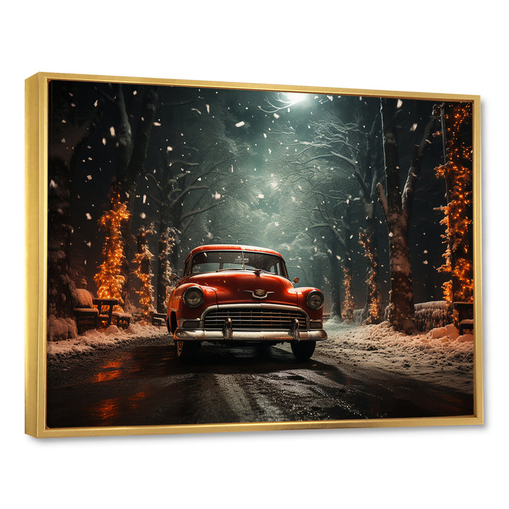Red Classic American Car winter snow - Car Old American Canvas Wall Art