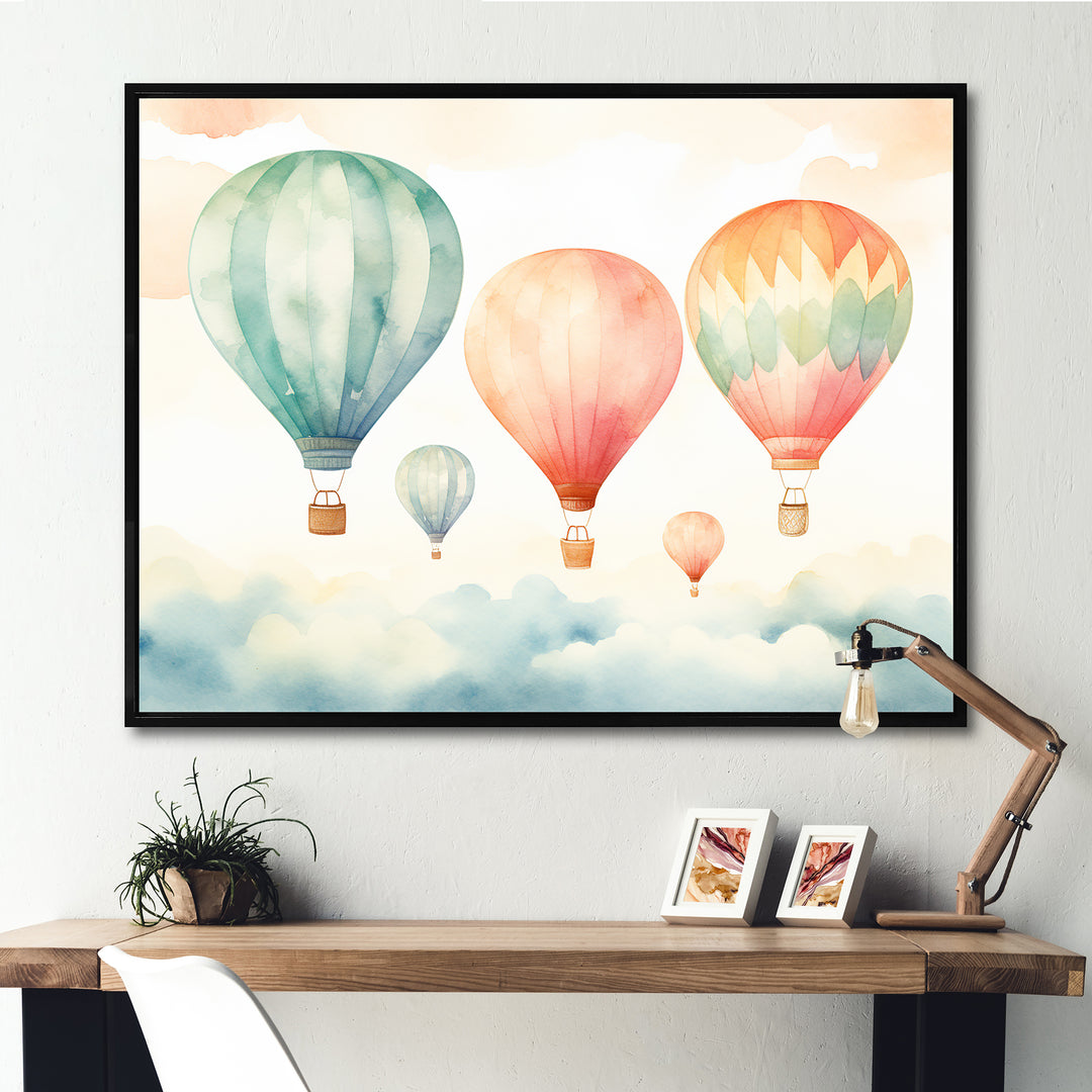 Green and red watercolor Hot Air Balloon horizon I - Hot Air Balloon Canvas Wall Art