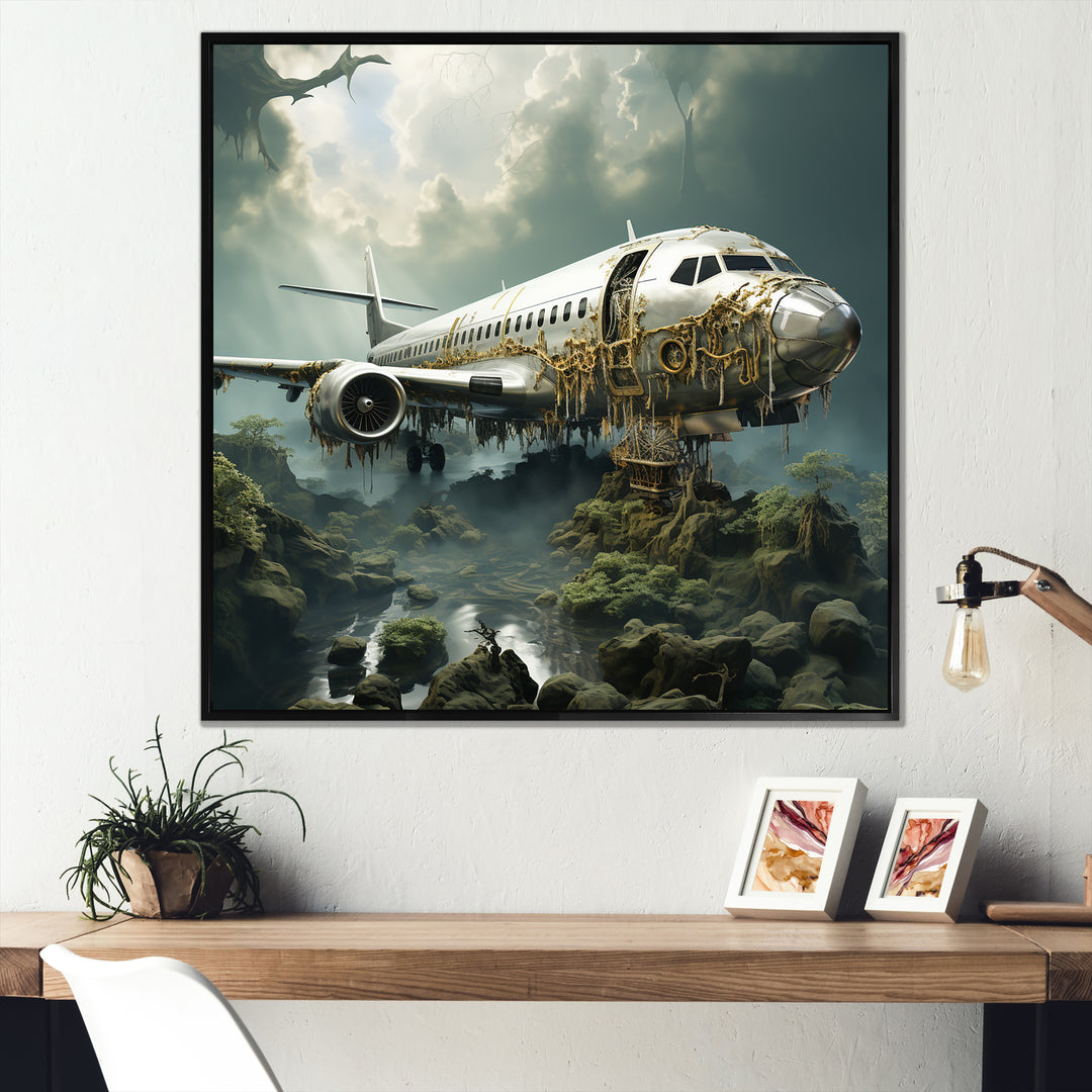 Green crashed Plane in the jungle - Plane Canvas Wall Art