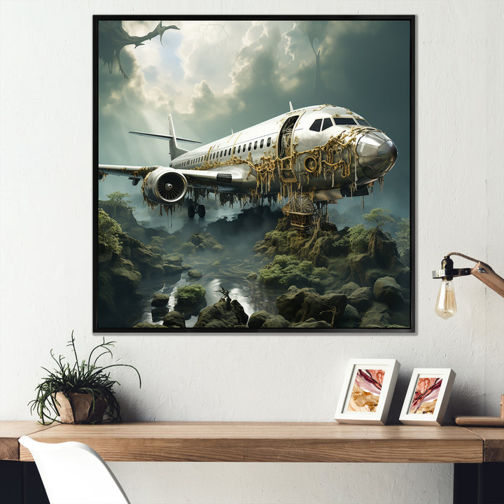Green crashed Plane in the jungle - Plane Canvas Wall Art