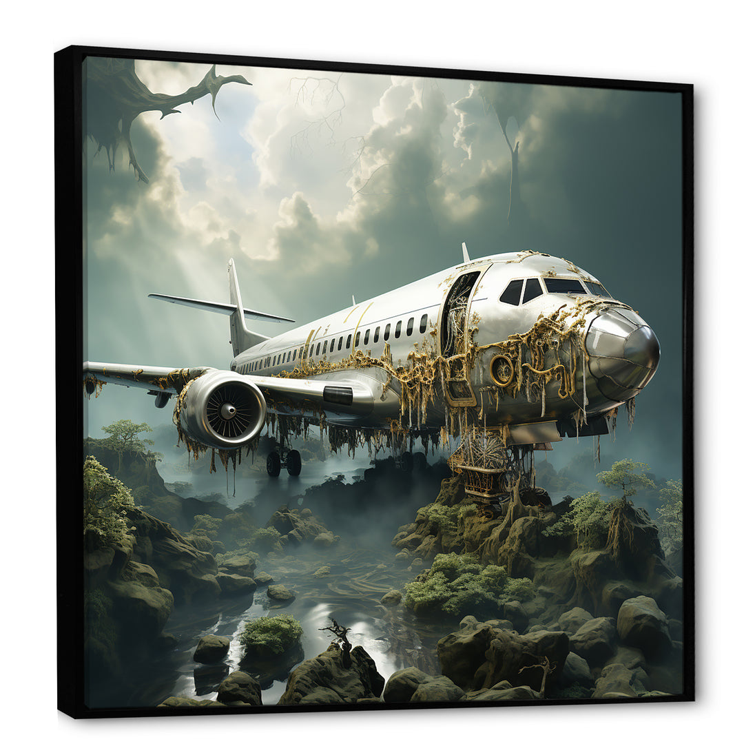 Green crashed Plane in the jungle - Plane Canvas Wall Art